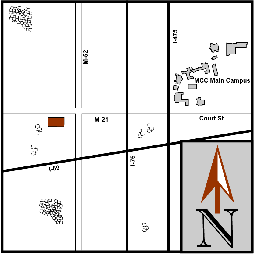 Aerial Map showing Main Campus Flint with Latinx Technology & Community Center highlighted